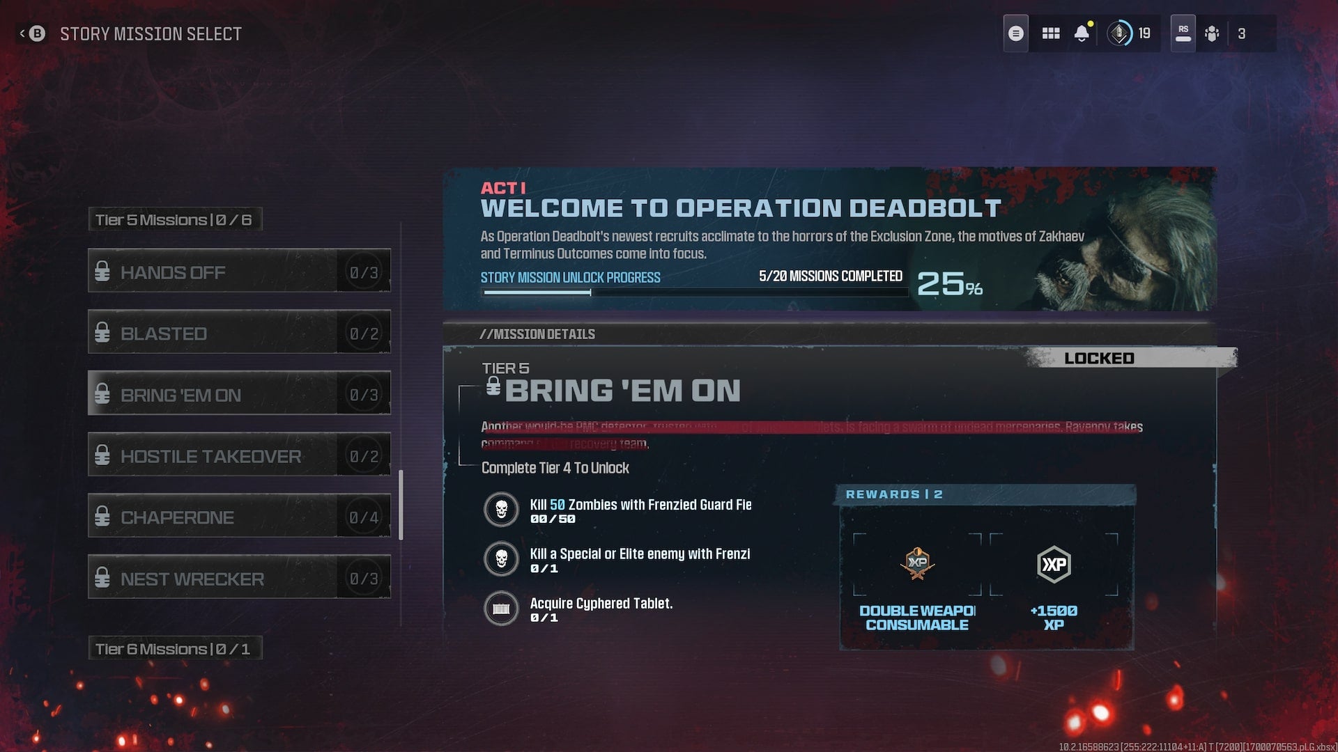 The tier 5 missions of Act 1 of MW3 Zombies are shown