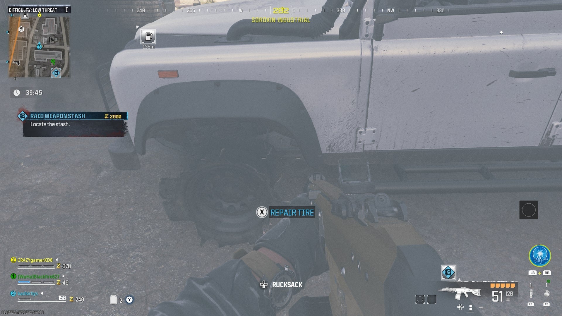 The player has a prompt to repair a broken tire on a vehicle in MW3 Zombies