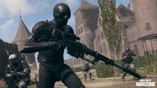 Call of Duty Warzone screen showing a soldier with a rifle dressed head to toe in black, with black mask covering entire face. The soldier is walking with a handful of other soldiers through a courtyard in the middle of a bright day under clear skies