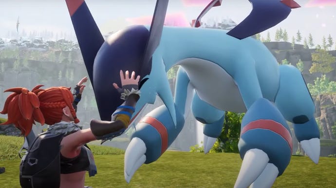 A player character with Jetragon, the legendary Pal in Palworld.