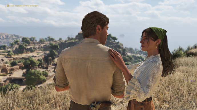 A masculine and feminine character stand close together and look each other in the eye. Beyond, a hill rolls into fields.