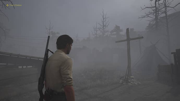 An eerie scene. A shirt-wearing masculine character with a rifle slung over their shoulder stands in thick fog, before a wooden-crossed grave.