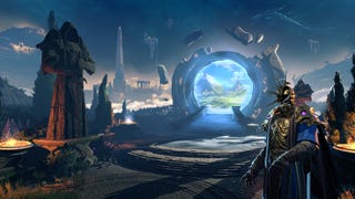 A masked warrior stands in front of a blue portal and stone statue in the Magehaven of Age Of Wonders 4