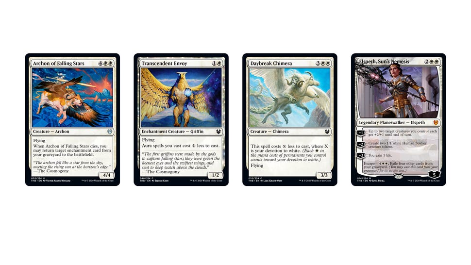 Magic: The Gathering - Theros Beyond Death White cards, including Archon of Falling Stars, Transcendent Envoy, Daybreak Chimera and planewalker Elspeth, Sun's Nemesis