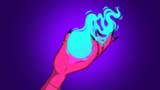 A red, feminine hand with pointed and painted black nails, holds a glowing ball of blue flame.
