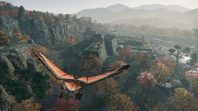Rise of the Ronin official screenshot showing the play paragliding over forest