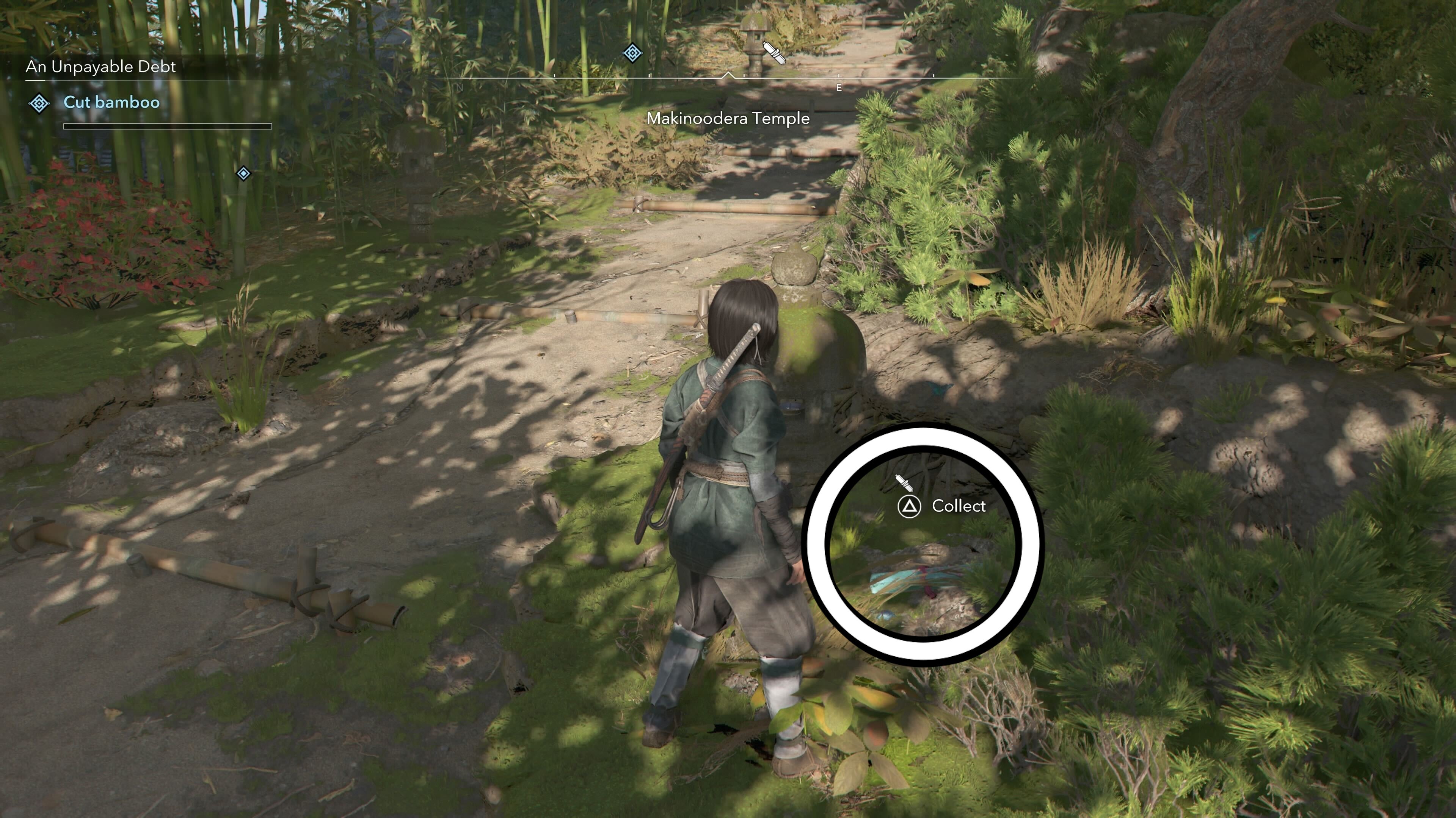 Circle showing the location of a Makinoodera Temple Lost Page in Assassin&rsquo;s Creed Shadows.