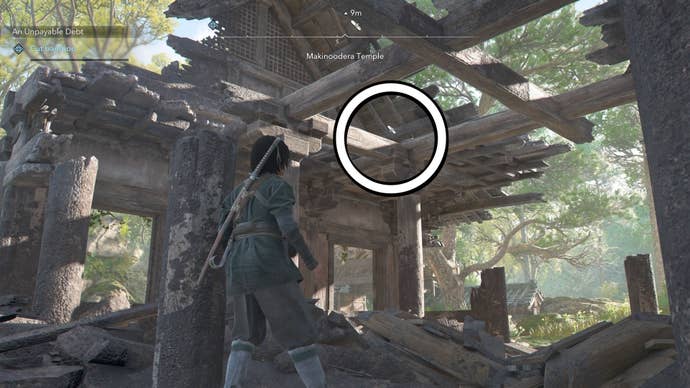 Circle showing the location of a Makinoodera Temple Lost Page in Assassin’s Creed Shadows.