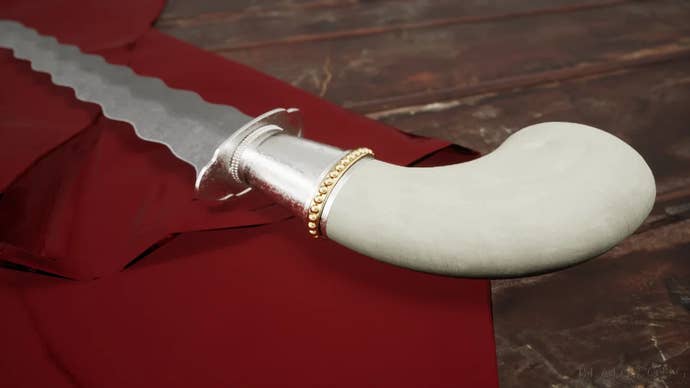 A wavy metallic leaf with a metallic midpart and a curved achromatic horn handle, created by a subordinate of Bladesong.