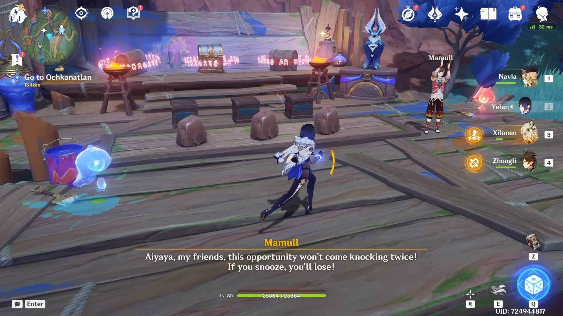 Yelan standing in front of Mamull and the Painted Stone Challenge in Genshin Impact.