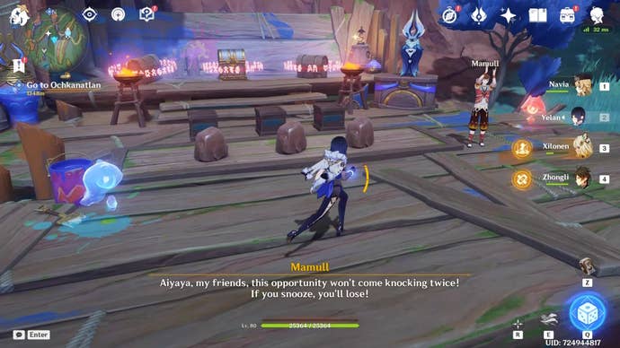 Yelan standing in front of Mamull and the Painted Stone Challenge in Genshin Impact.