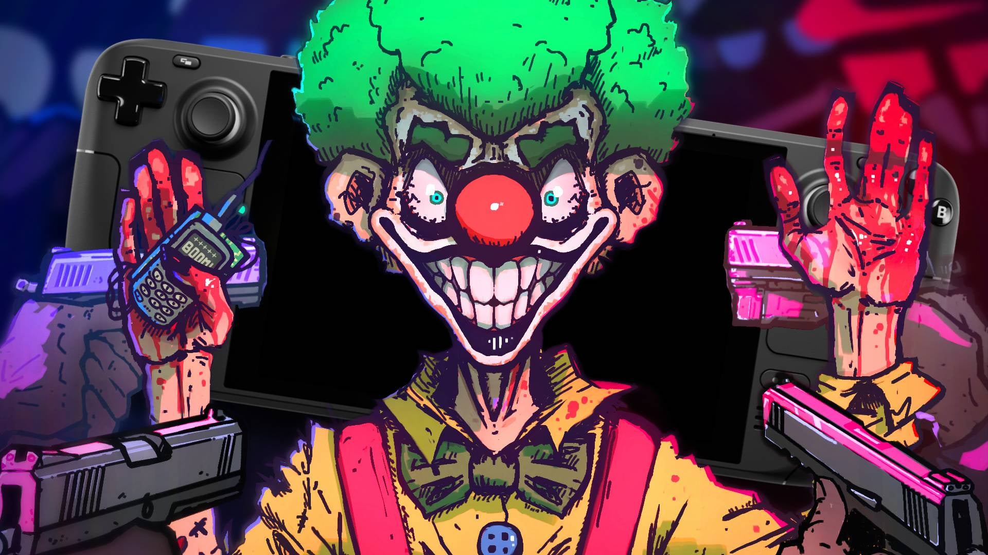 A smiling madman dressed like a clown in Maniac, with a Steam Deck imposed behind. - 1