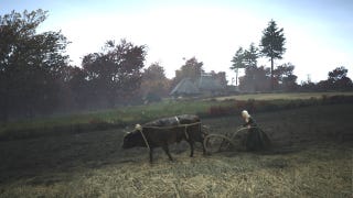 A woman ploughs a field with an ox in Manor lords