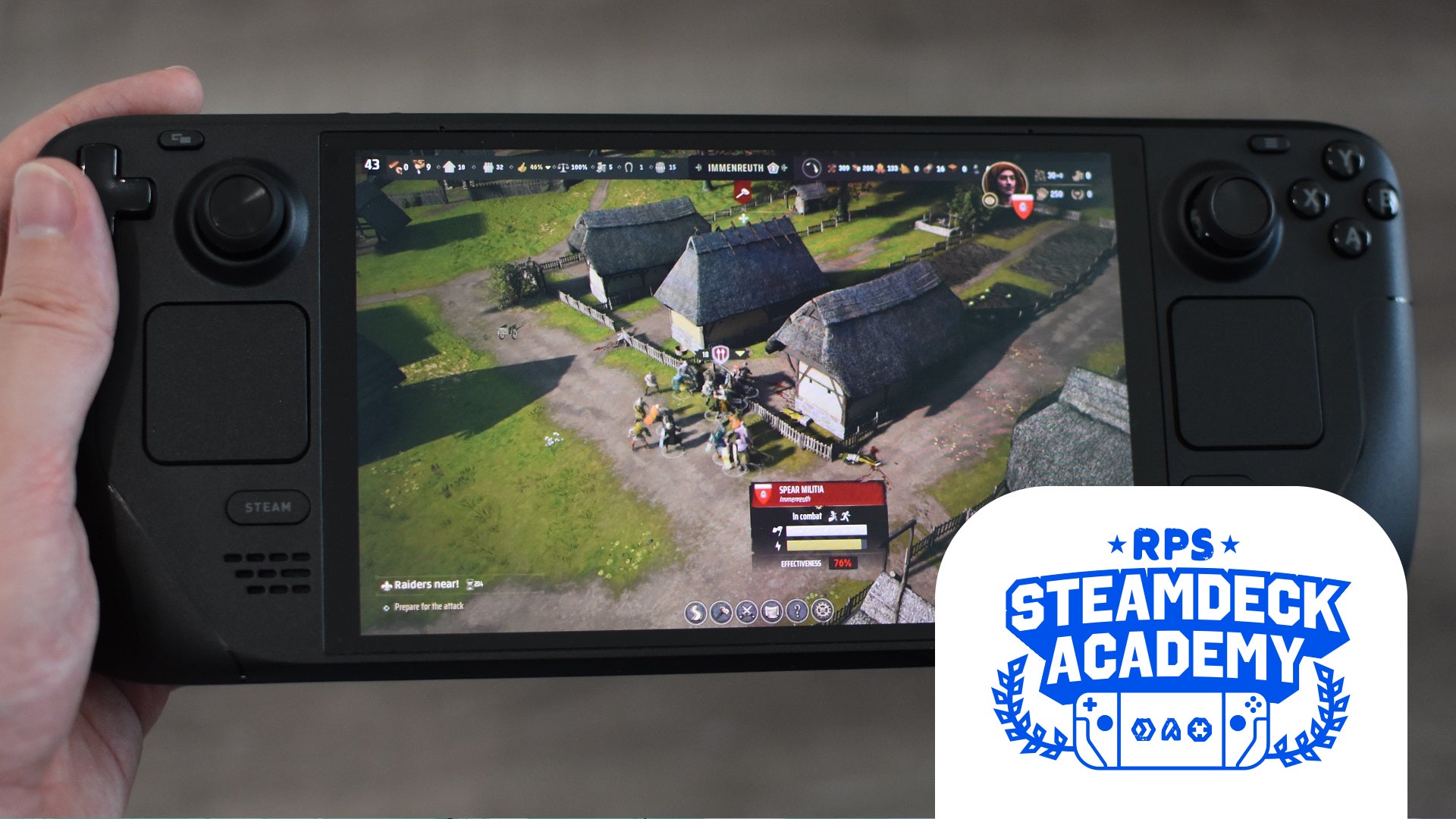 Manor Lords running on a Steam Deck OLED. The RPS Steam Deck Academy is added in the bottom-right corner. - 1