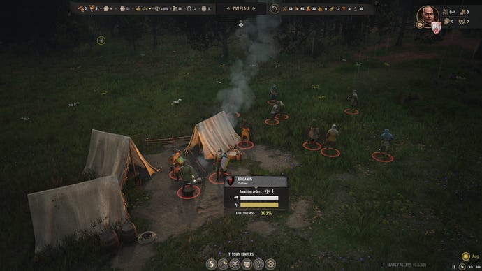 A bandit camp full of idle brigands in Manor Lords.
