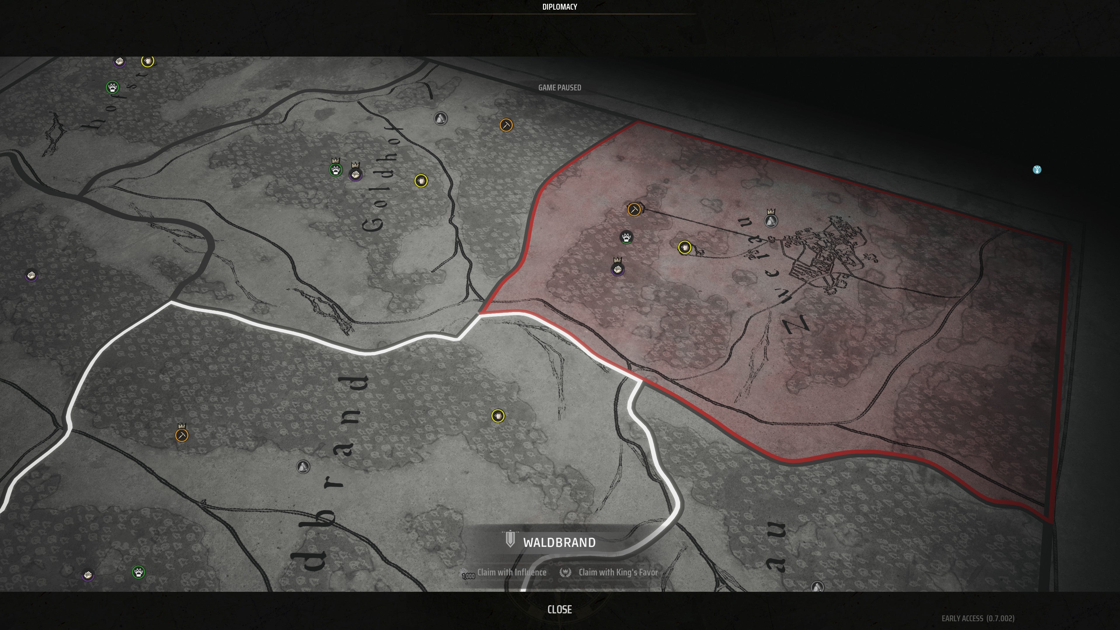 An overhead map of neighbouring regions in Manor Lords