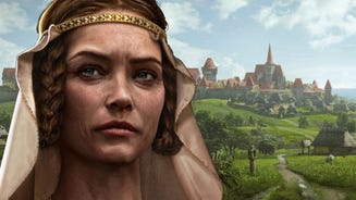 Artwork of a female Manor Lords ruler with an image of her castle town in the background.