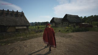 Exploring a village in Manor Lords' third-person mode.