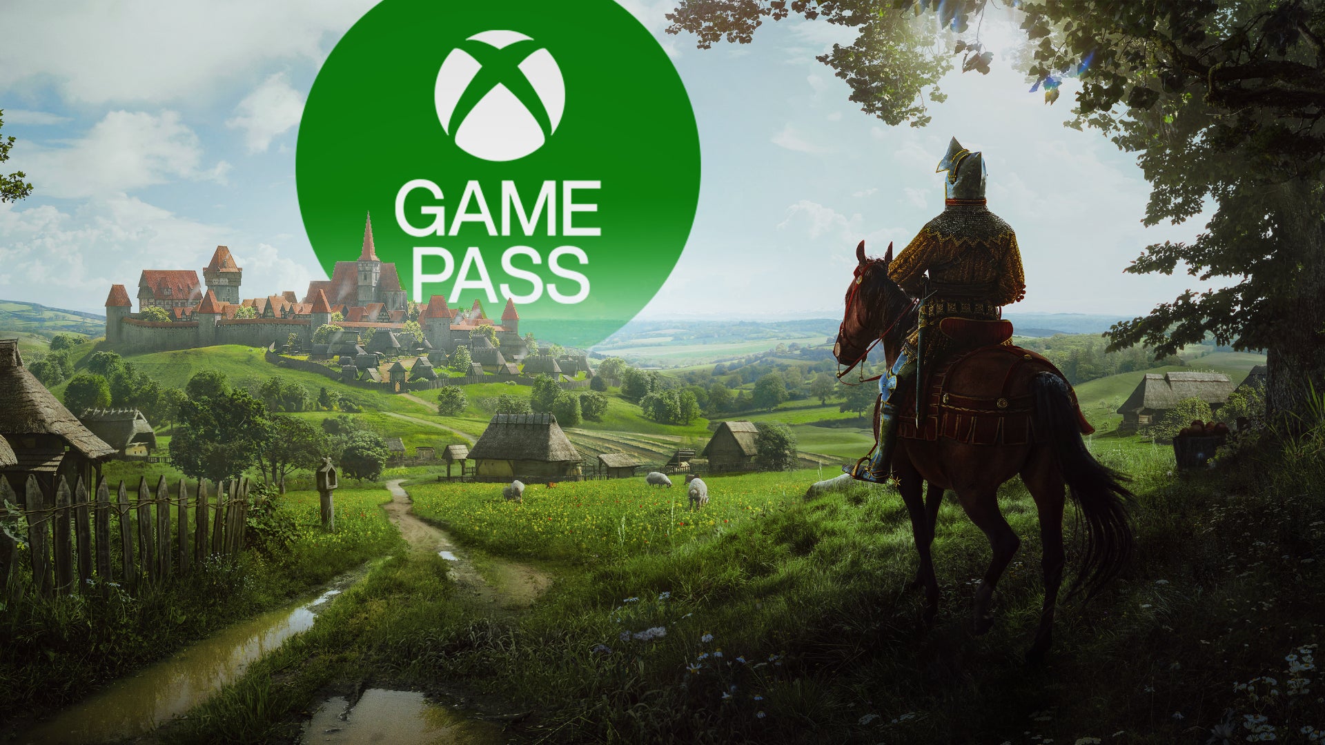 Manor Lords key art - a soldier rides a horse – looking at the Game Pass logo. - 1