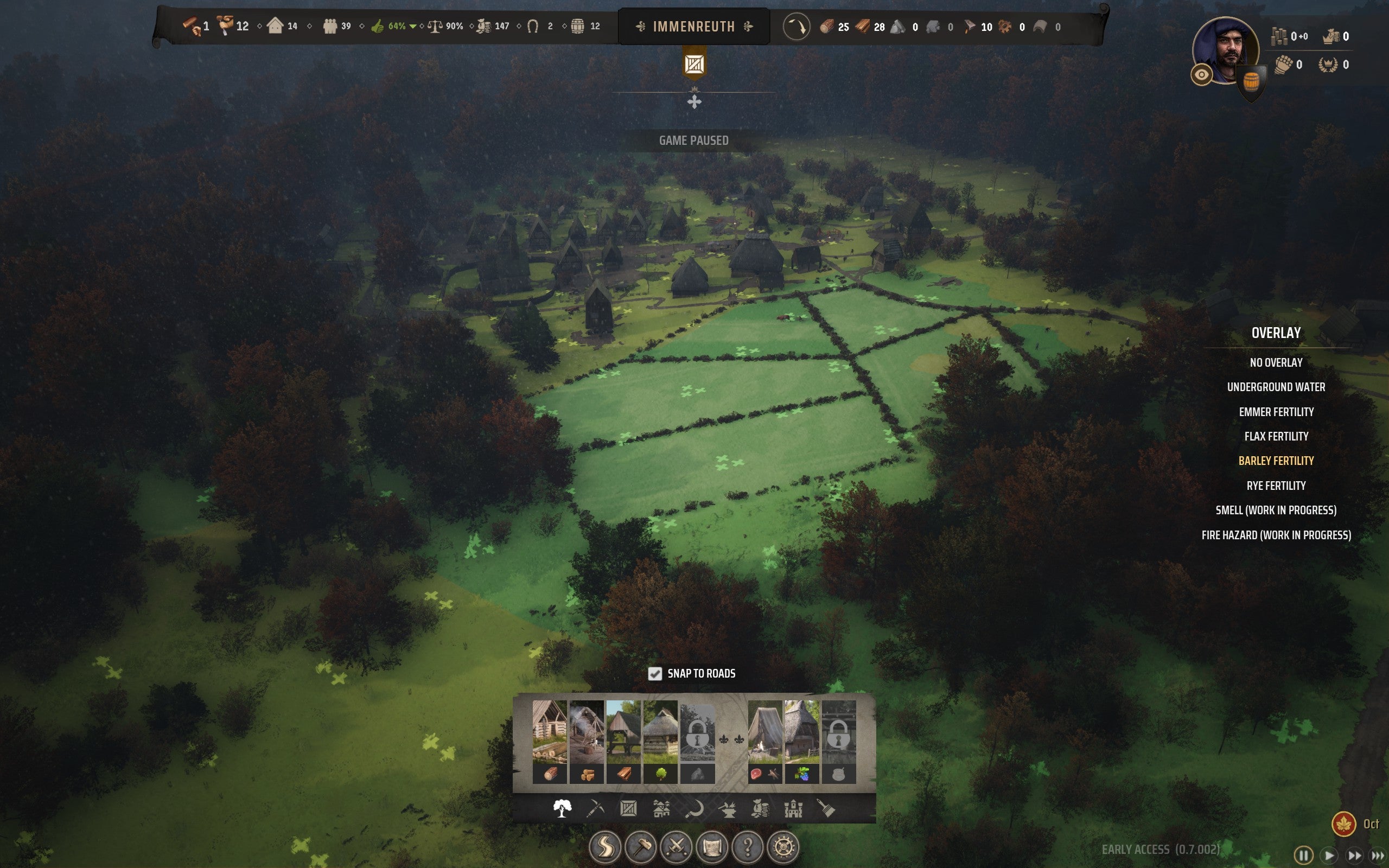 An overhead view of a fertile barley region in Manor Lords