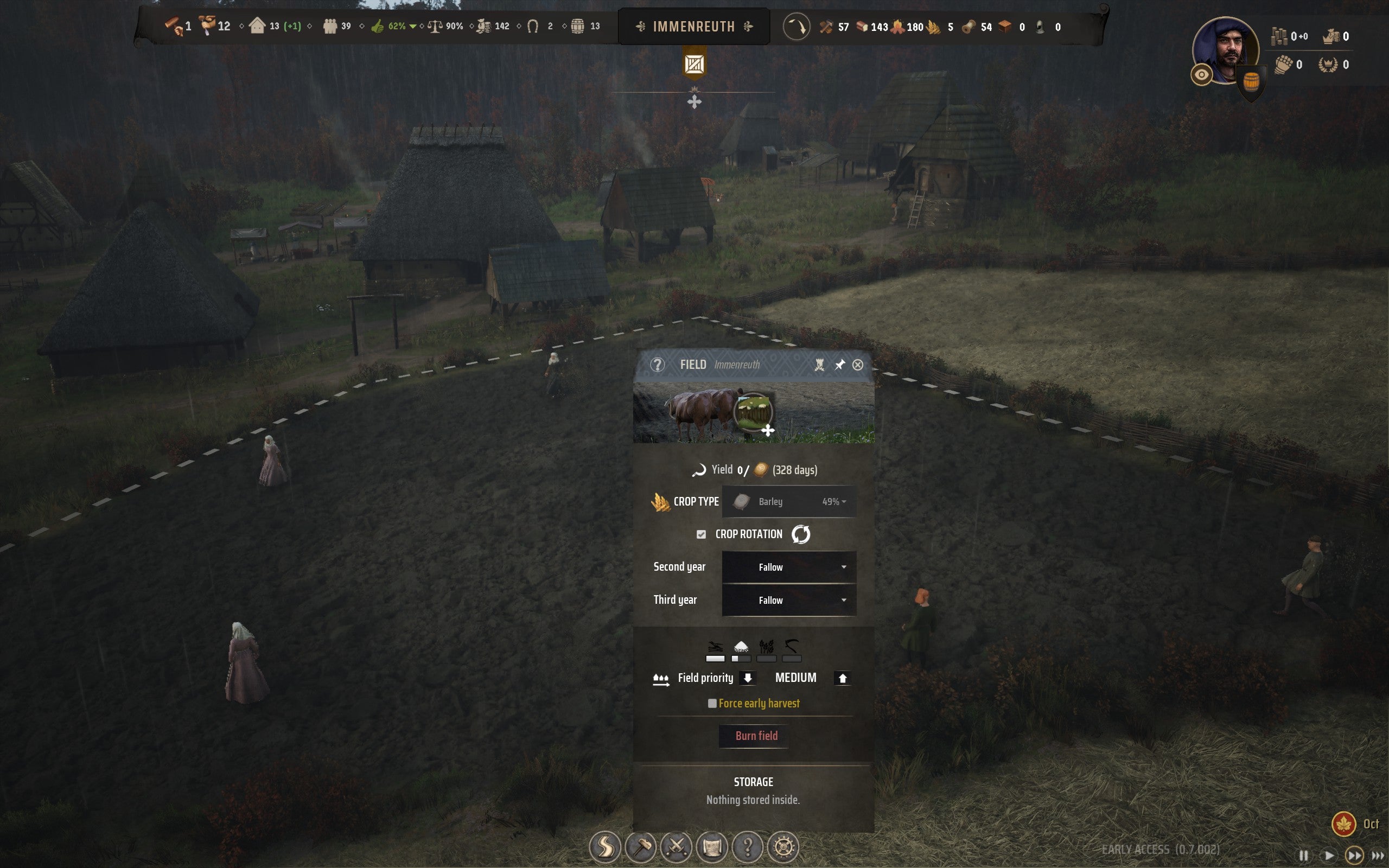 A close up view of citizens ploughing a barley field in Manor Lords