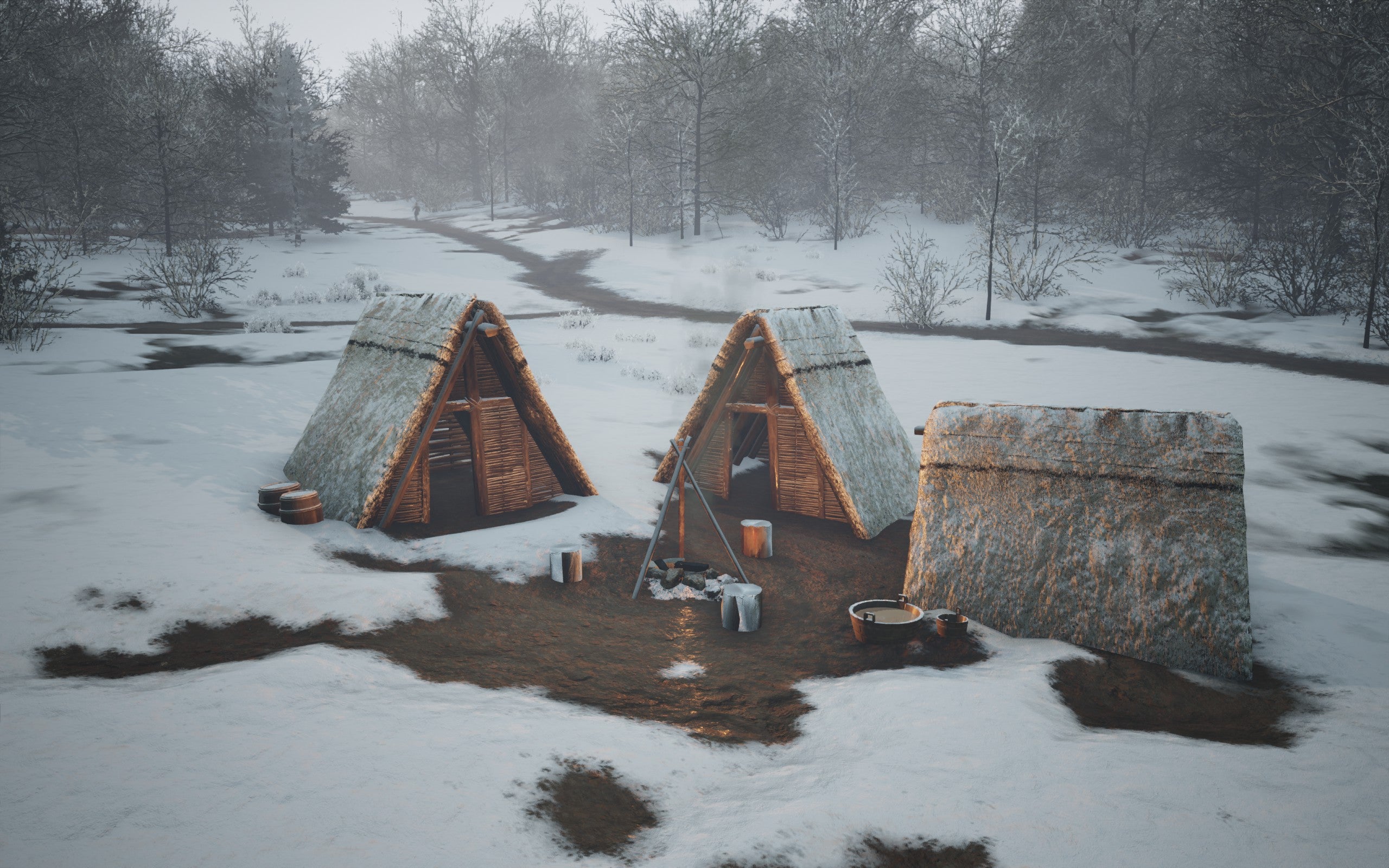 A Settler&rsquo;s Camp during the winter in Manor Lords
