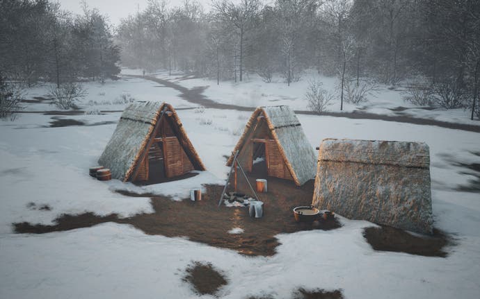 A Settler's Camp during the winter in Manor Lords