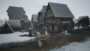 A woman pulls a cart through a medieval town during the winter in Manor Lords