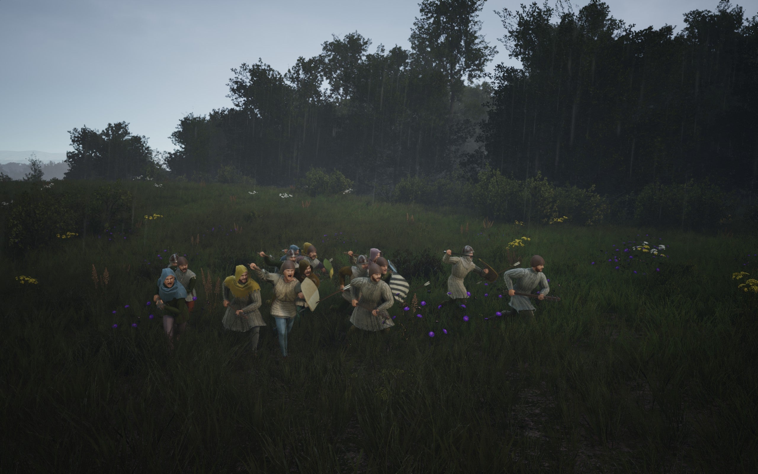 A group of men rush into battle in the rain in Manor Lords