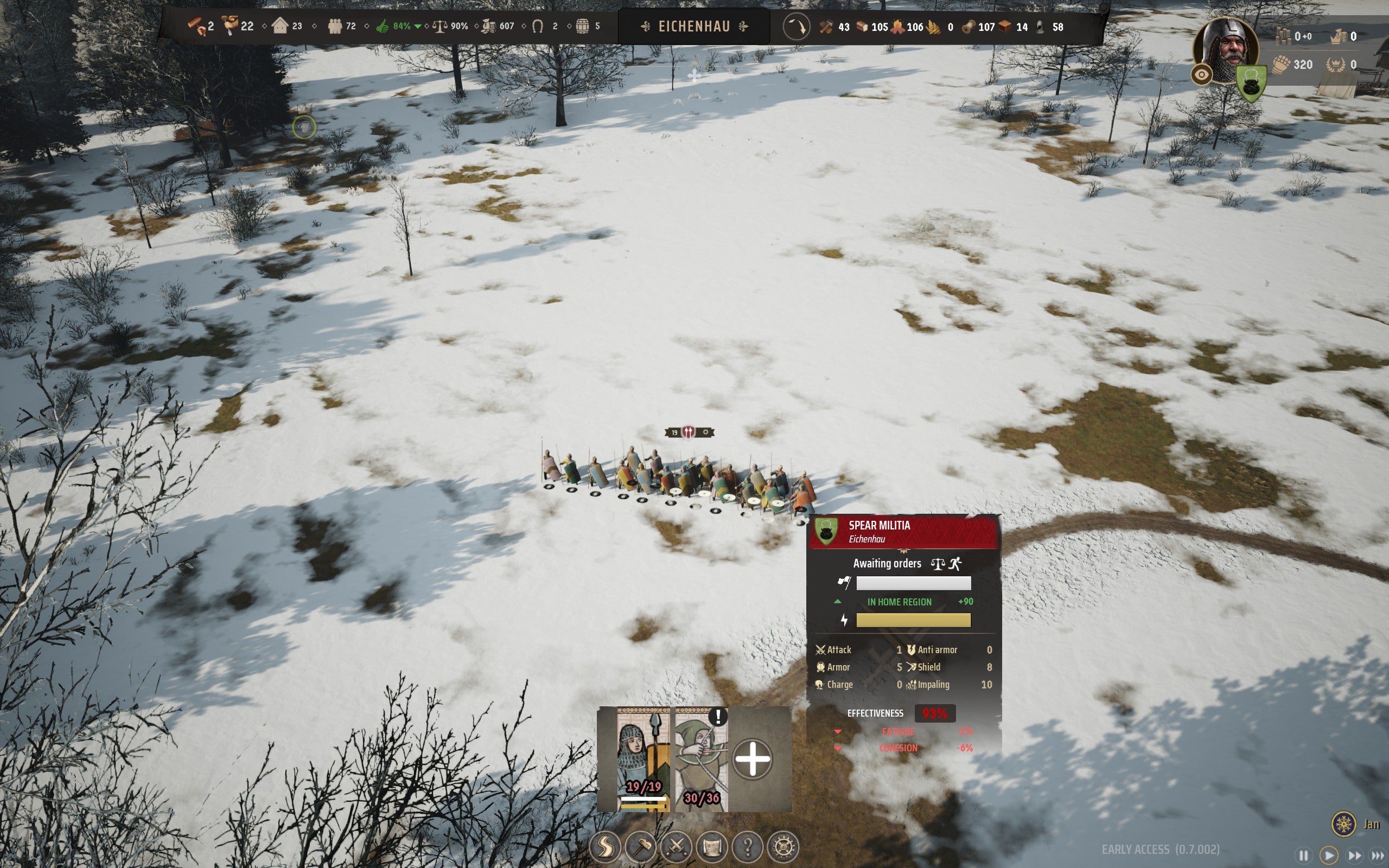 An overhead view of a snowy battlefield, with the Spear Militia menu selected in Manor Lords