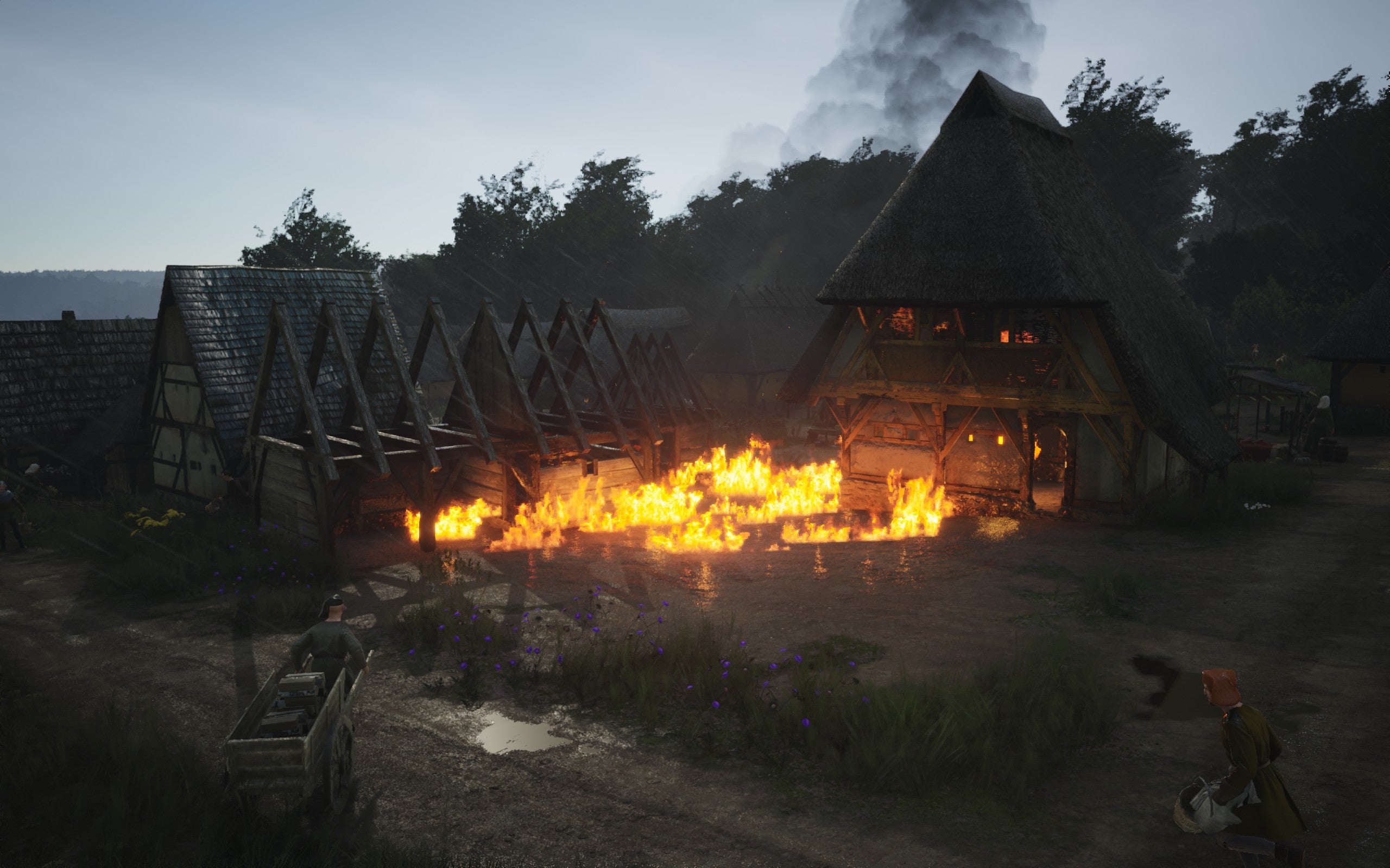 A building is on fire in Manor Lords