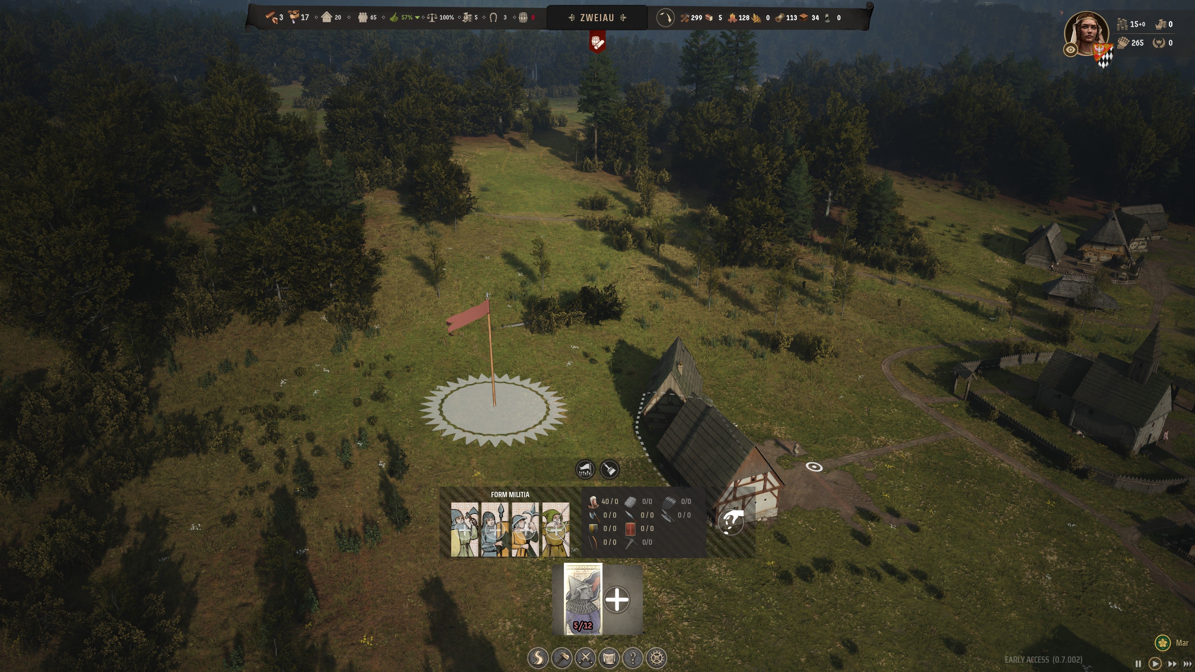 A big red rally flag is being placed in Manor Lords, showing the Form Militia menu