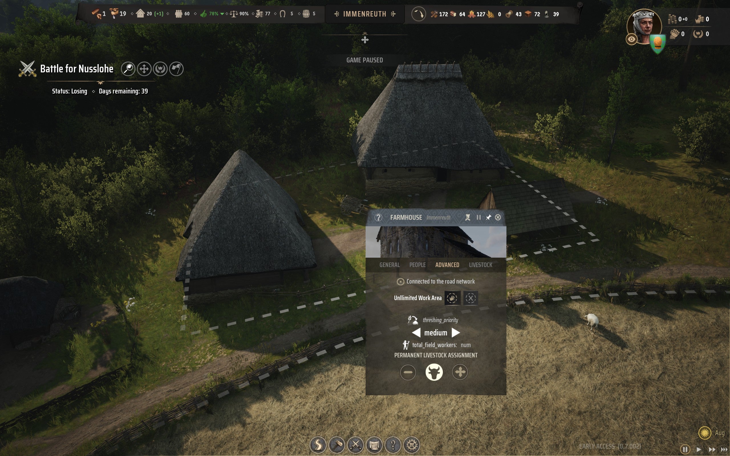 The Farmhouse building is selected to show its menu screen in Manor Lords