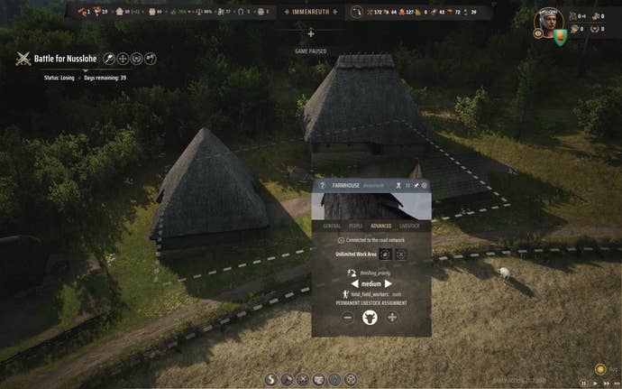 The Farmhouse building is selected to show its menu screen in Manor Lords