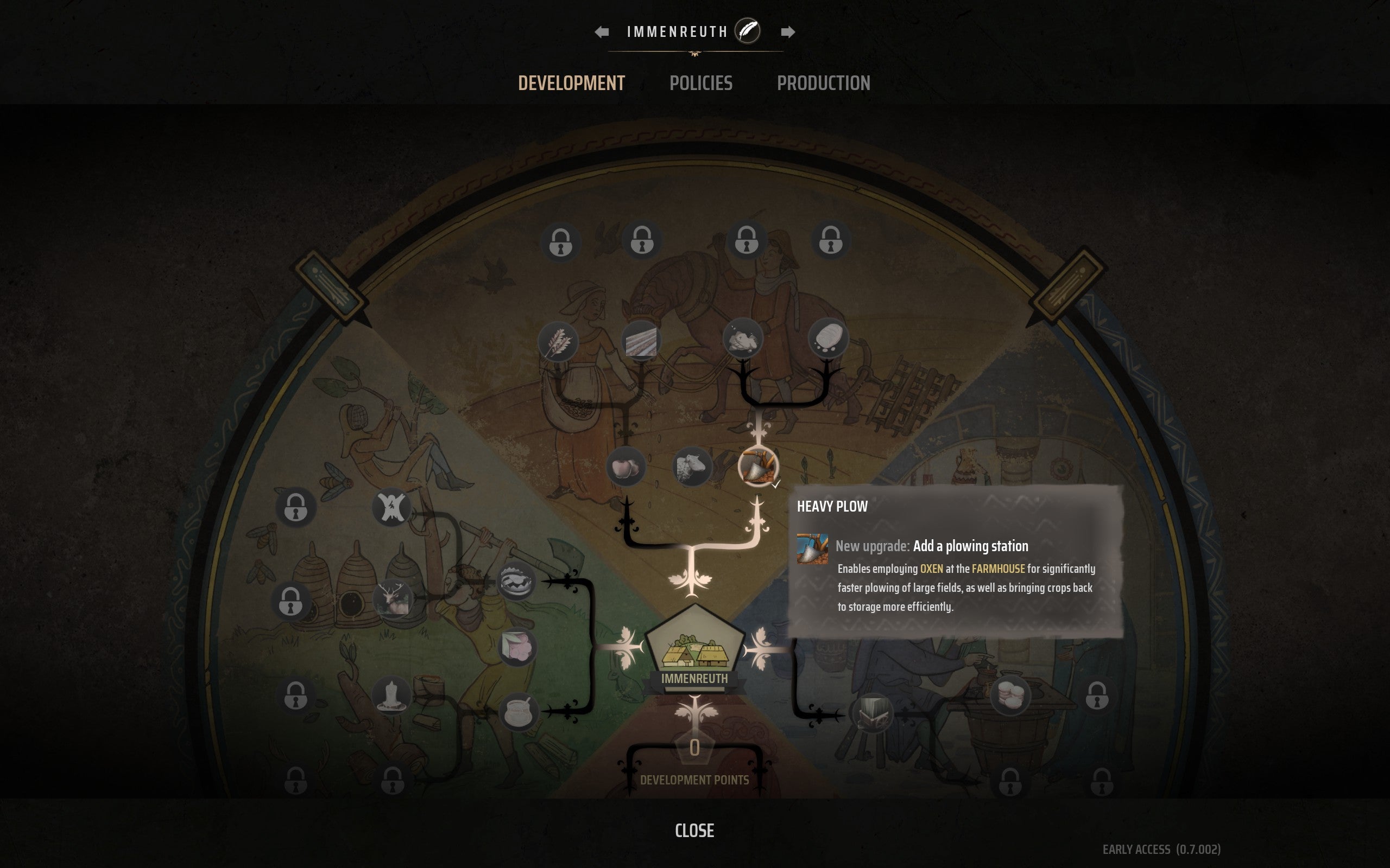 The development point menu in Manor Lords with the Heavy Plow point highlighted