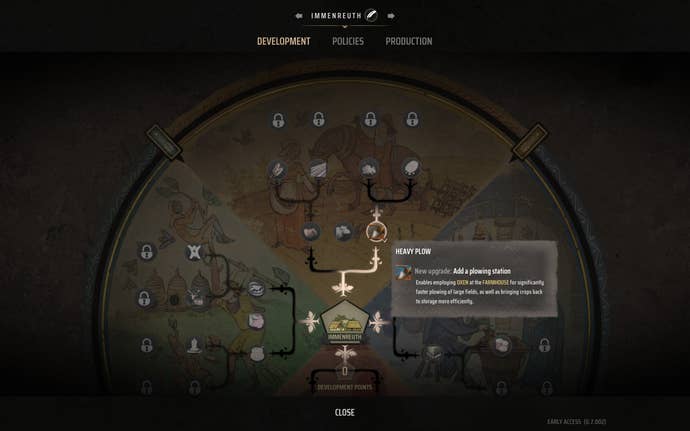 The development point menu in Manor Lords with the Heavy Plow point highlighted