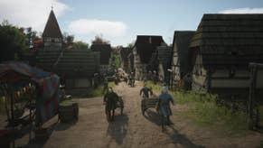 A bustling village street with citizens pulling carts between houses in Manor Lords