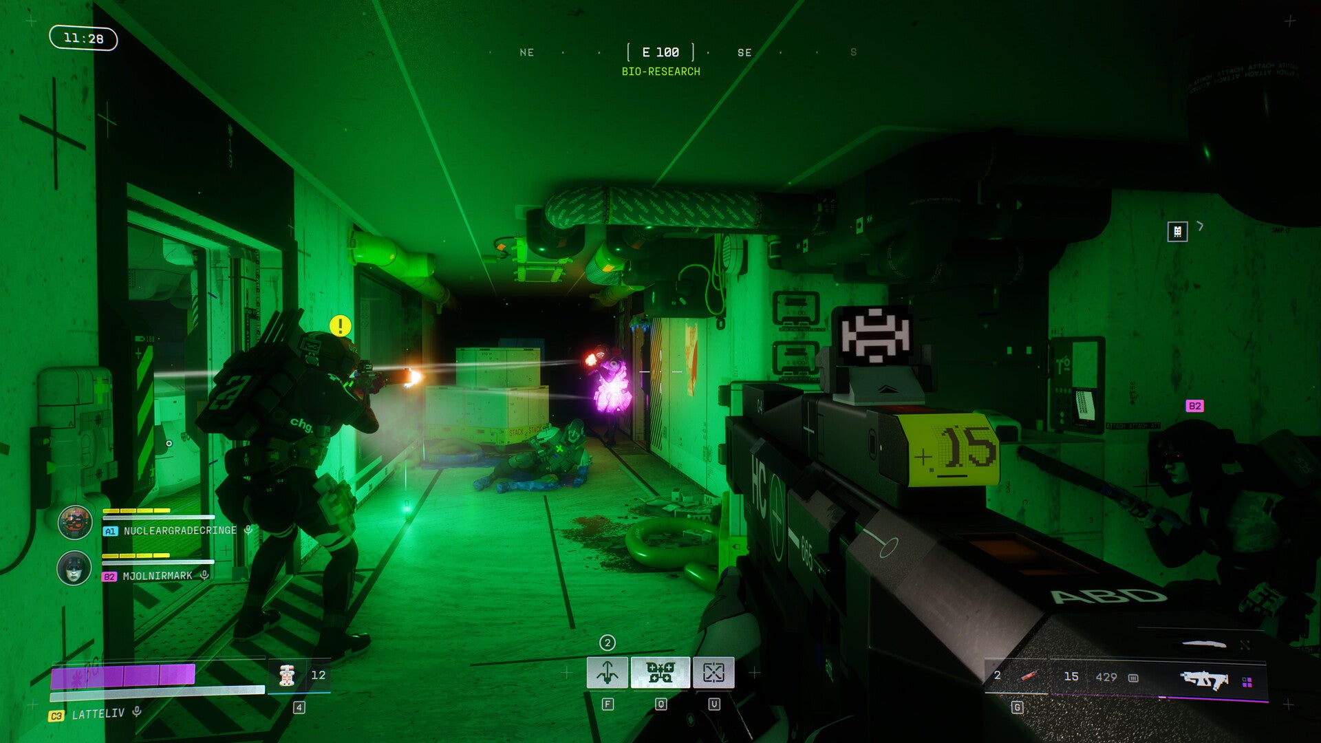 Fighting down a dark corridor in Marathon.