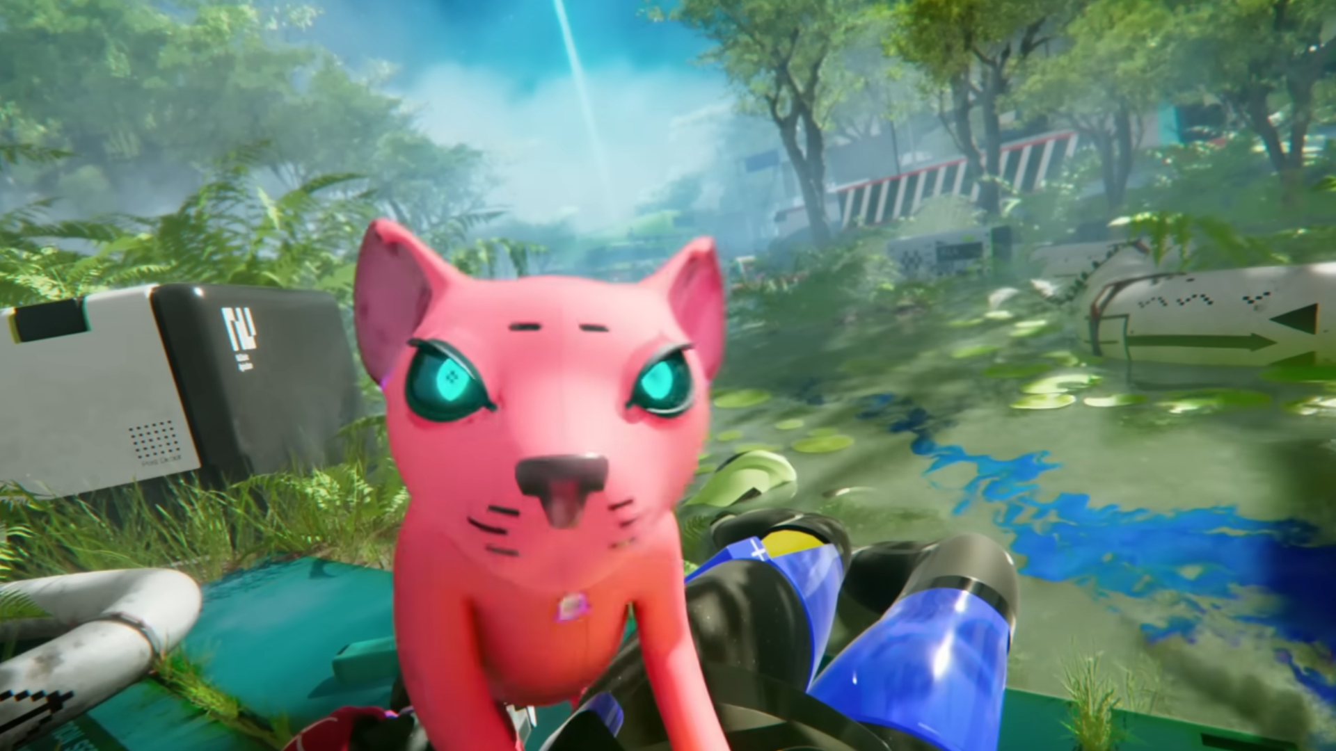 Marathon teaser screenshot showing green jungle and up close pink sci-fi cat