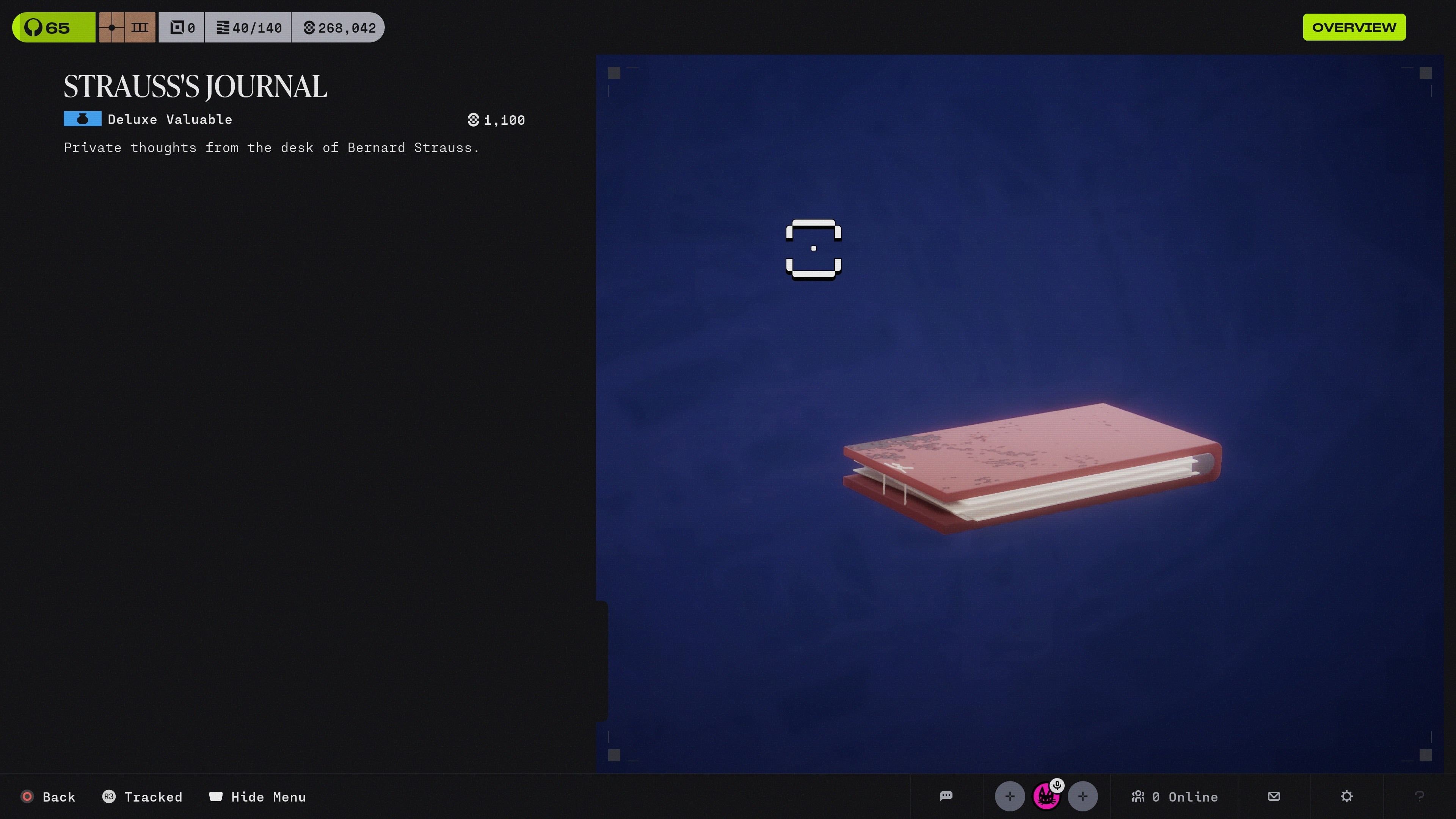 A close up of Bernard Strauss's Journal collectable from Marathon (2026), found in the Cryo Archive map.