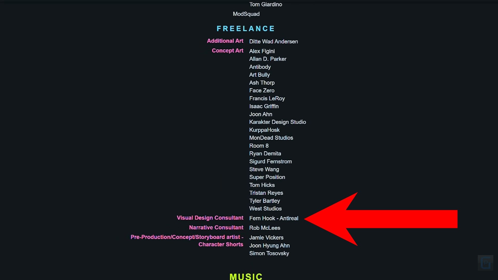 Marathon credits with a red arrow pointing to Antireal's name