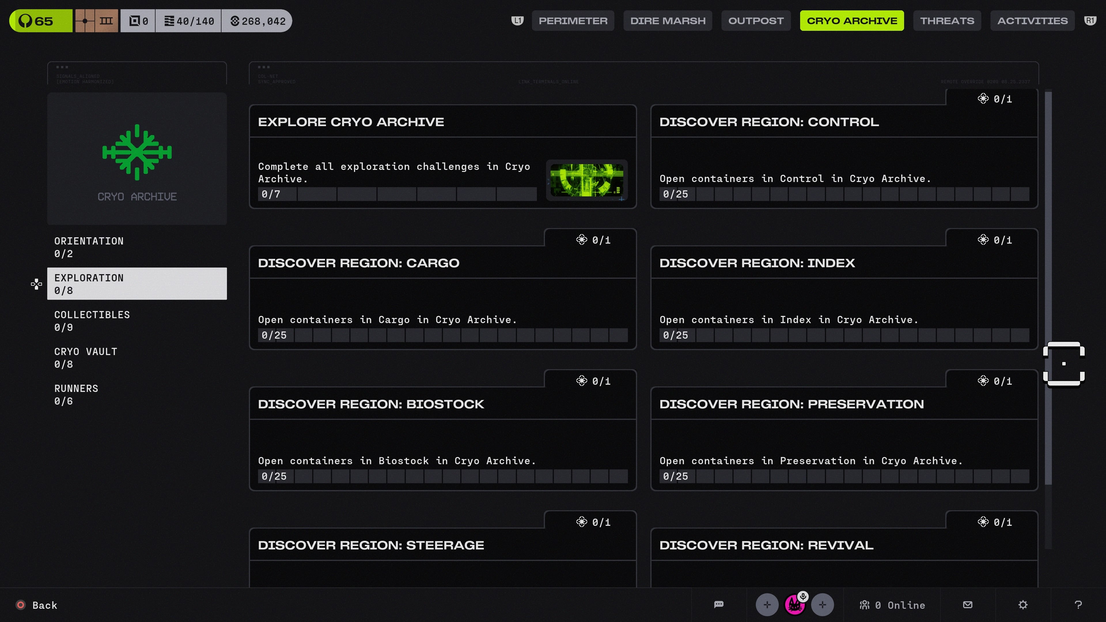 The Cryo Archive exploration codex page in Marathon (2026), showing challenges named for each of the map's regions, as well as the ARG steps.