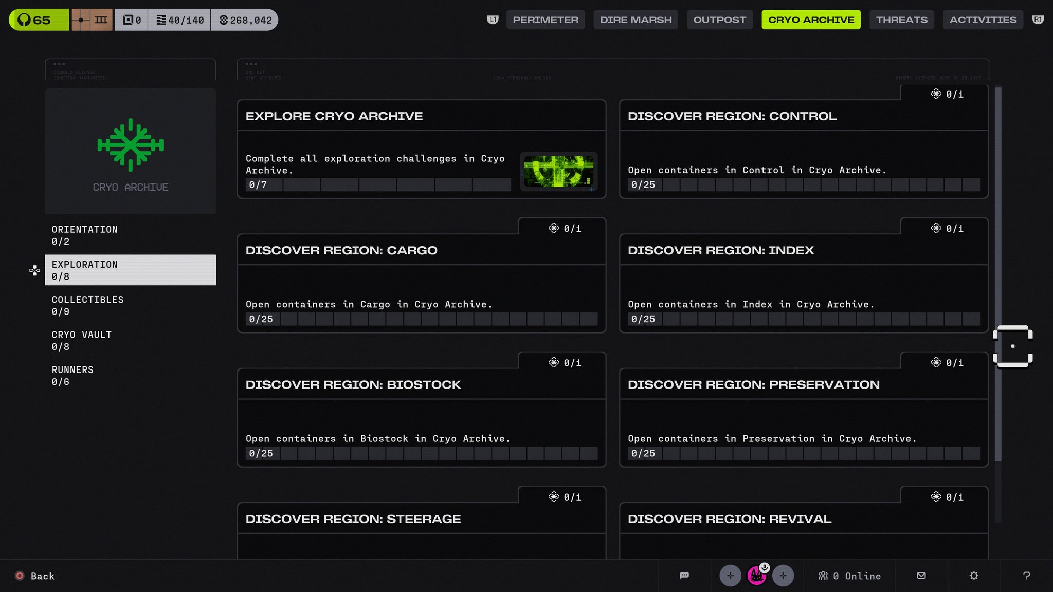 The Cryo Archive exploration codex page in Marathon (2026), showing challenges named for each of the map's regions, as well as the ARG steps.