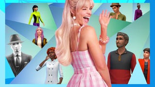 Margo Robbie as Barbie layered over a Sims 4 promo shot