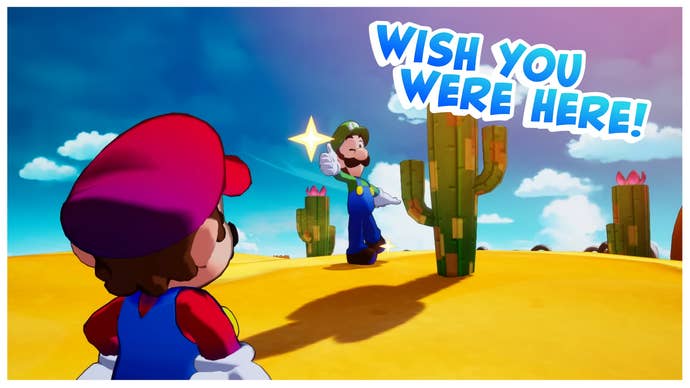 Mario & Luigi: Brothership trailer screenshot showing Mario looking at Luigi next to a cactus with the words “wish you were here”