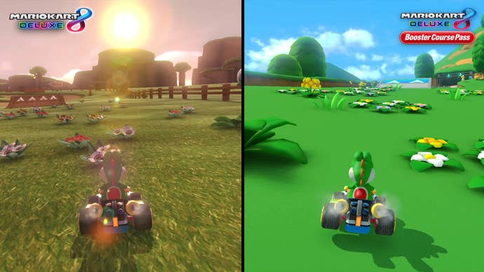 a comparison between similar MK8 Deluxe and Booster Course Pass tracks.