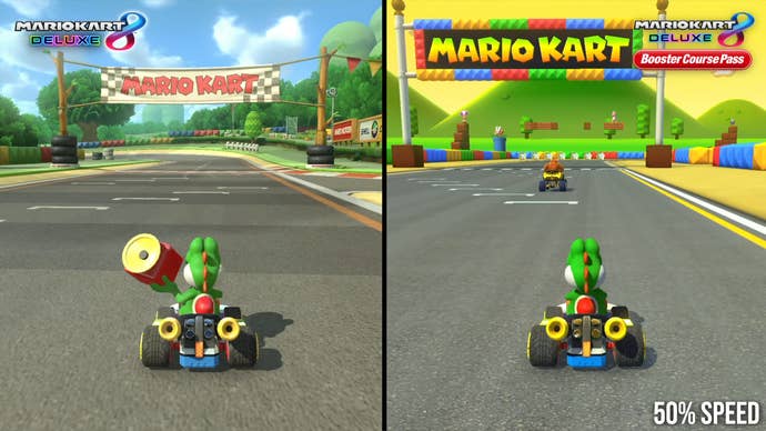 a comparison between similar MK8 Deluxe and Booster Course Pass tracks.