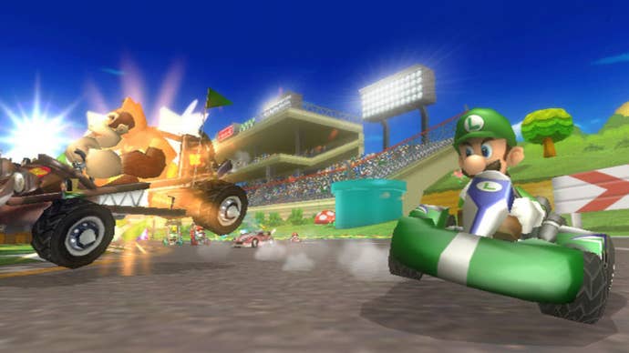 Luigi and Donkey Kong race one another in Mario Kart Wii