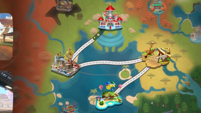 Mario Kart World screenshot showing four courses on its world map