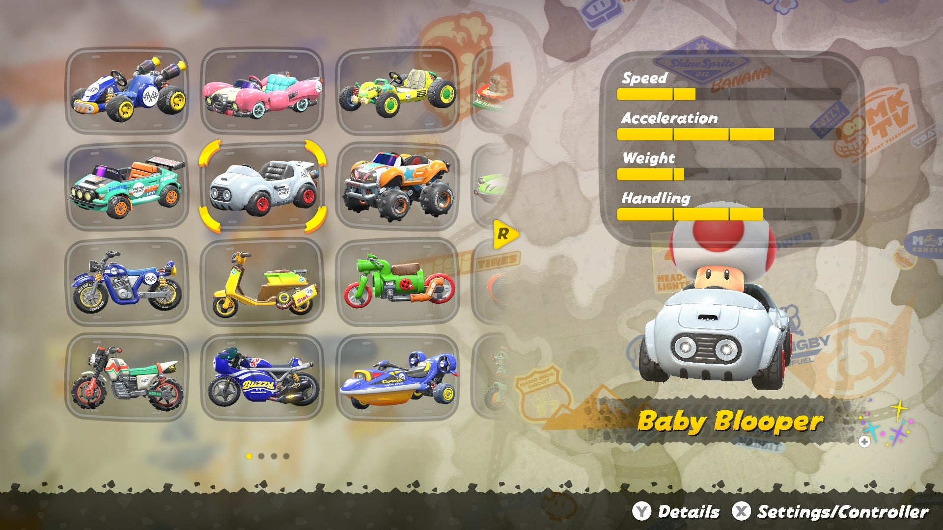 Toad can be seen sitting in the Baby Blooper with the stats shown in Mario Kart World - 3